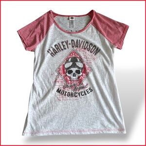 Harley Davidson Womens Burnout Stripe Rhinestone Graphic Tee‎ Size L Biker Moto